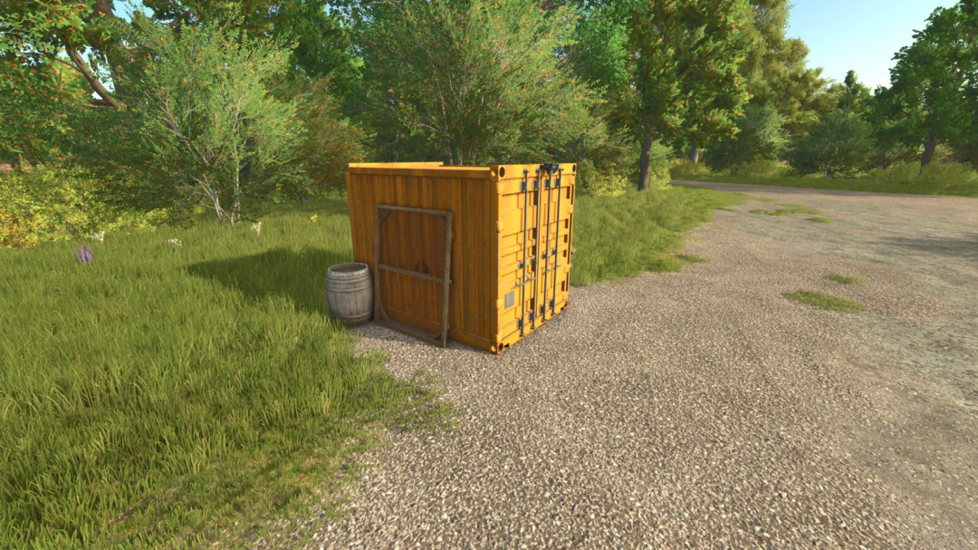 FS25 mod Wheelie Great Workshop v1.0.0.0 features a yellow container on a gravel path, surrounded by greenery.