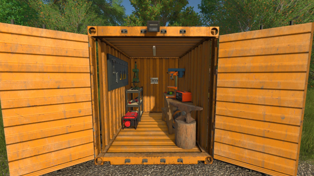 Interior of Wheelie Great Workshop mod for Farming Simulator 25, featuring tools and equipment in a yellow container.