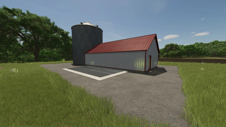 fs25-mods,  FS25 All In One Production mod showing a building with silo and red roof in a rural setting.