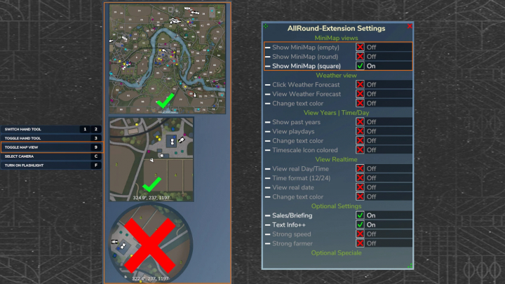 fs25-mods,  FS25 AllRound Extension v1.0.0.0 displays map settings with minimap and weather view options.