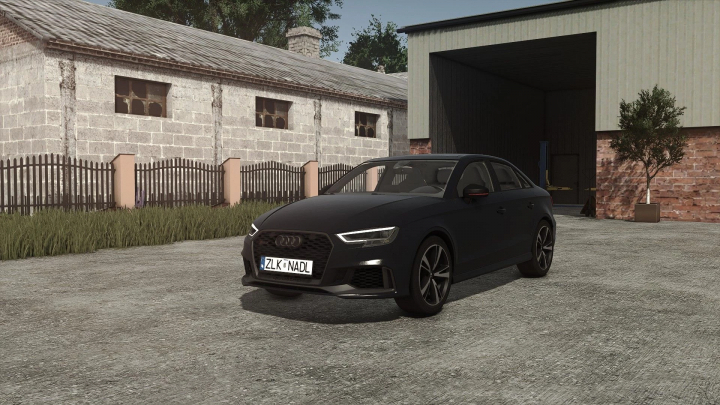 fs25-mods, Audi RS3 2020 mod in Farming Simulator 25, parked by a barn.