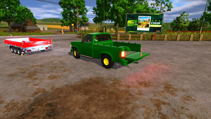 fs25-mods, Green Chevrolet D20 mod in FS25, parked near a red trailer on a farm.