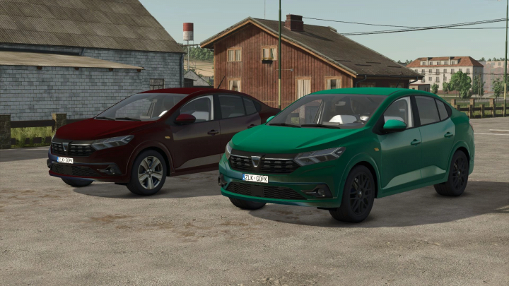 fs25-mods, FS25 mod Dacia Logan v1.0.0.0, featuring two cars in a rural setting, red and green. Farming Simulator 25 mods.