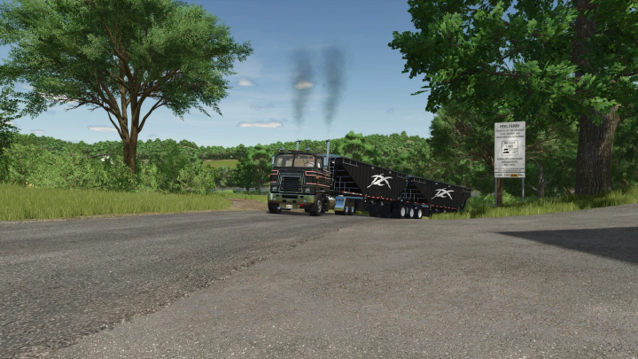 fs25-mods,  FS25 Exhaust Extension mod, version 1.0.0.0, features a truck on a rural road with green trees and a signpost.