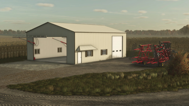 fs25-mods,  FS25 Small Heated Shop mod, showcasing a metal building with farm equipment, enhancing gameplay in Farming Simulator 25.