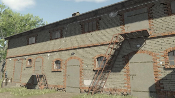 fs25-mods,  FS25 Small Old German Cowbarn mod for Farming Simulator 25, depicting a rustic brick barn with an exterior staircase.