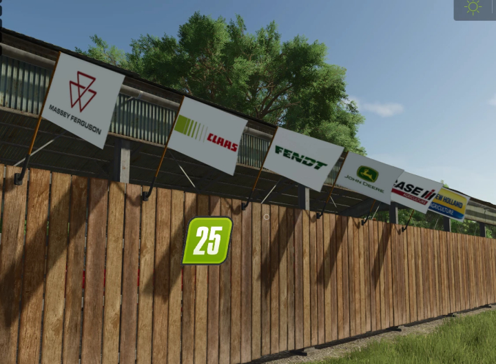 fs25-mods,  FS25 mod showing tractor brand flags on a wooden fence, including Massey Ferguson, Claas, Fendt, John Deere, and more.