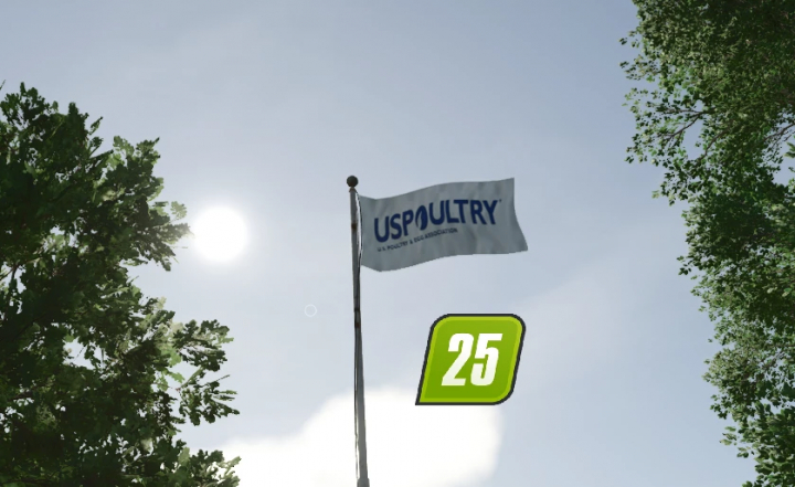 fs25-mods, FS25 US Poultry & Egg Association flag mod waving on a pole against a sunny sky, surrounded by trees.