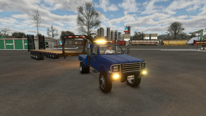 fs25-mods,  FS25 mod Flatbed Service Truck v1.0.0.0, blue truck with flatbed trailer in a virtual parking lot.