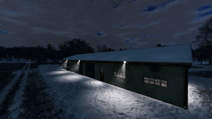 fs25-mods, Snow-covered garage with workshop in FS25 mod at night