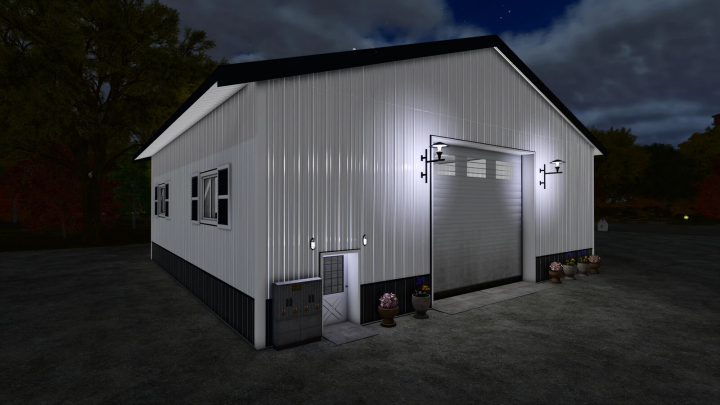 fs25-mods,  Night view of Garage With Workshop mod for FS25, showing illuminated exterior with garage door and potted plants.