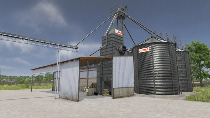 fs25-mods, Grain Complex mod in FS25 featuring silos and storage facilities under a cloudy sky.