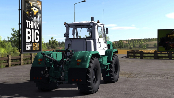 fs25-mods,  HTZ T150K tractor mod in Farming Simulator 25, shown in a yard with a billboard in the background. FS25 mods.