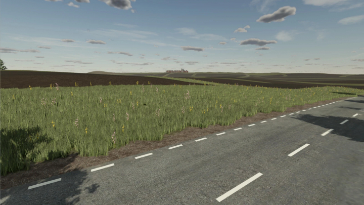 fs25-mods, Scenic landscape view in FS25 mod Hermanns Hausen with a road and fields under blue sky.