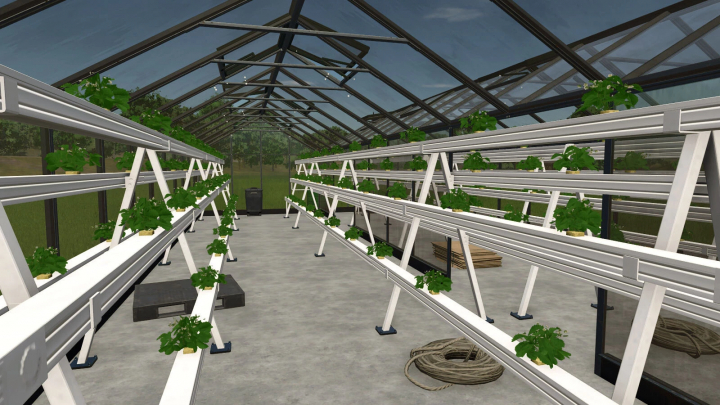 fs25-mods, FS25 mods: Hydroponics Greenhouse v1.0.1.0 showing a modern plant growing setup with rows of greenery in a glass greenhouse.