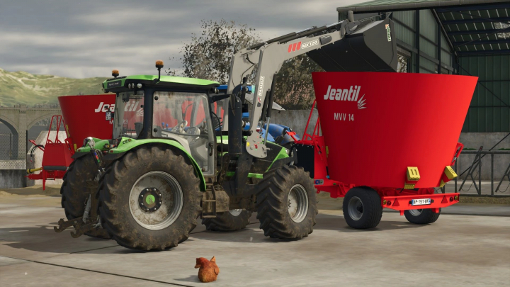 fs25-mods, FS25 mod Jeantil MVV 14 attached to a green tractor in a farm setting.