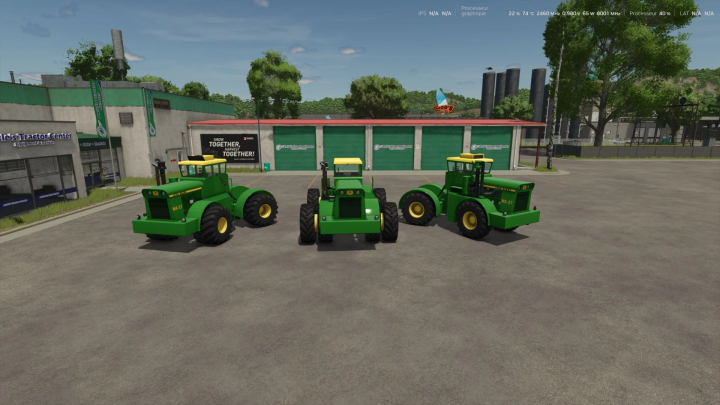 fs25-mods, FS25 mods: John Deere WA-14 & WA-17 tractors in Farming Simulator 25, parked outside a green shed.