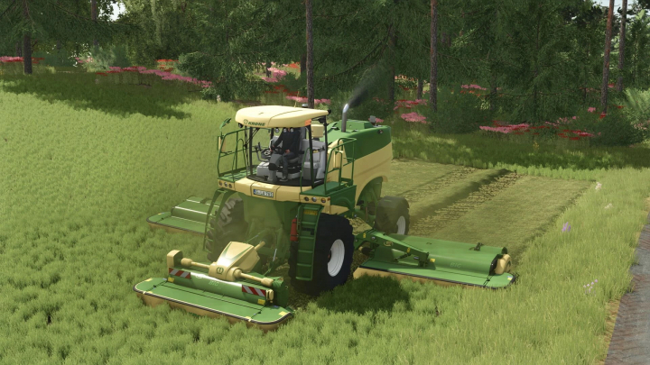 fs25-mods,  Krone BigM450 mows a field in FS25 mod, Farming Simulator 25.