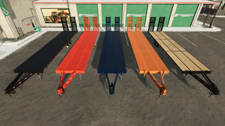 fs25-mods,  Lizard Combo Trailer v1.0.0.0 mod for FS25 showing various colored flatbed trailers parked outside a garage.