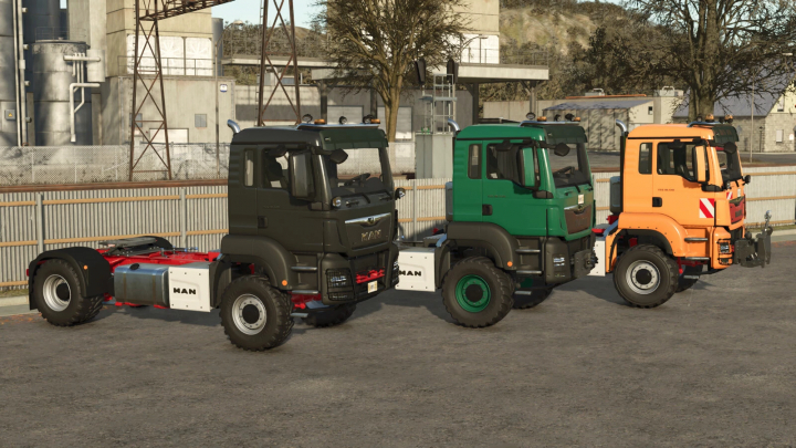 fs25-mods,  Three MAN TGS 18 Series trucks in different colors parked in Farming Simulator 25 mod.