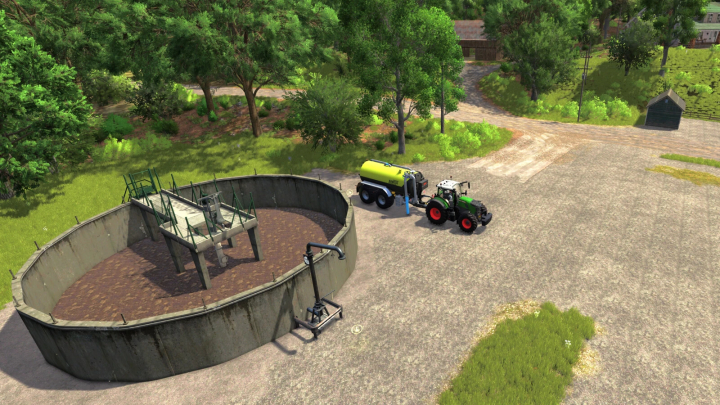 fs25-mods,  FS25 mods: Manure Bunker v1.0.0.0 with tractor and tank near a large circular pit in Farming Simulator 25.