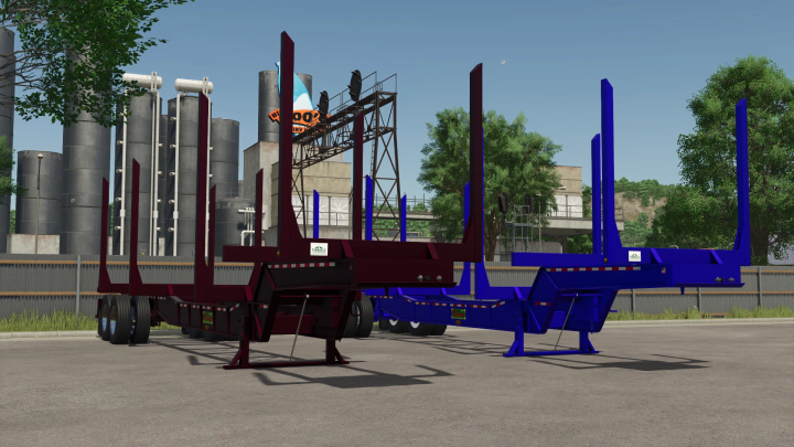 fs25-mods,  FS25 mods: Mclendon Plantation 42ft v1.0.0.0 log trailers in maroon and blue in Farming Simulator 25.