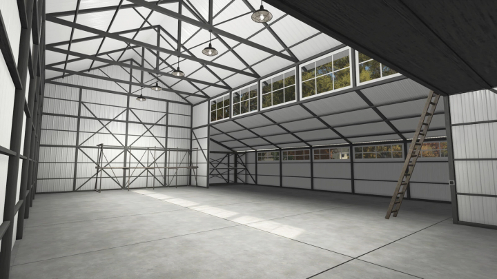 fs25-mods,  Interior view of Metal Medium Shed in Farming Simulator 25 mod, showing spacious structure with metal framework and a ladder.