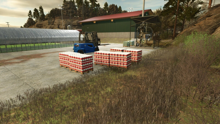 fs25-mods,  Stacks of pallets with goods in FS25 mod More Pallets v1.0.0.0, featuring outdoor setting with shed and forklift.