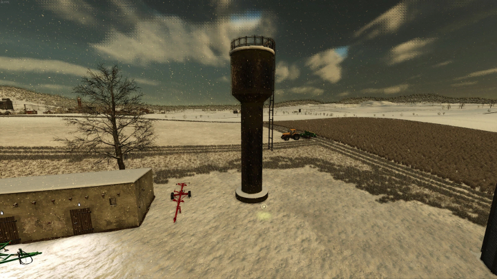 fs25-mods, Old deep well mod in FS25 on snowy farm landscape, featuring a tall water tower, barn, and tractor.