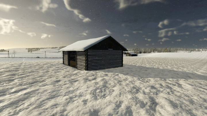 fs25-mods, Old log shed in a snowy landscape in FS25 mod Old Log Sheds v1.0.0.0.