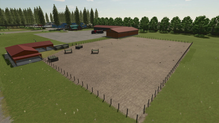 fs25-mods,  Pig Pen mod v1.0.0.0 for FS25, showing a large fenced pig pen with shelters, surrounded by greenery.