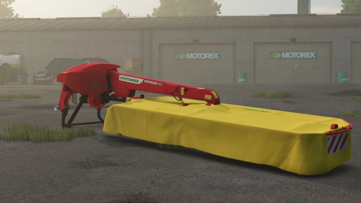 fs25-mods,  FS25 mod Pöttinger Novacat 402 mower in Farming Simulator 25, displayed against a garage background.