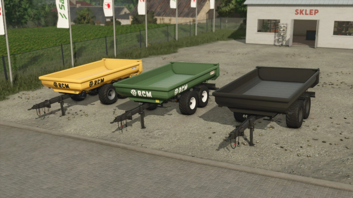 fs25-mods,  Three RCM PK1 trailers in yellow, green, and black in FS25 mod, parked outside a shop.