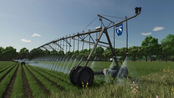 fs25-mods, Reinke Linear Irrigation System mod in FS25 watering crops in a field.