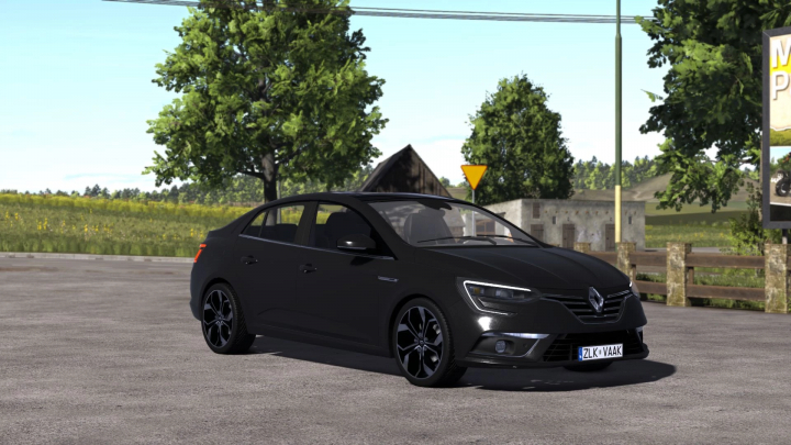 fs25-mods, Renault Megane 4 mod in Farming Simulator 25, features a black car parked on a rural road with green scenery.