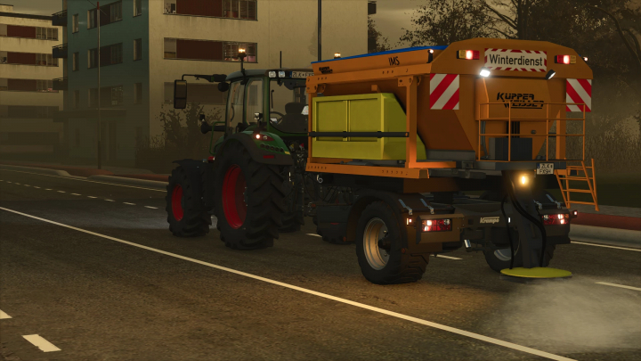 fs25-mods, FS25 mod Salzstreuer Küpper Weisser v1.0.0.0 on tractor in urban setting, evening light.