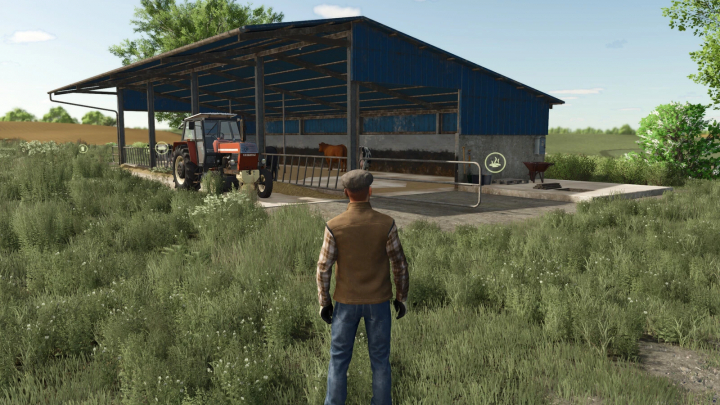 fs25-mods,  FS25 mod Selfmade CowShed with a tractor and farmer outside, cows inside the barn.