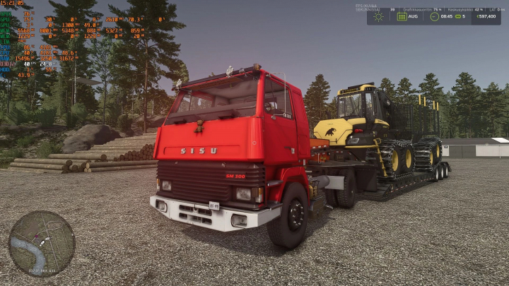 fs25-mods, Red Sisu SM 300 truck mod in FS25, transporting machinery on a trailer.