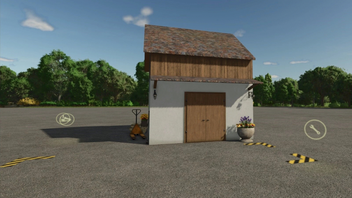 fs25-mods, Small Farm Production building in Farming Simulator 25 mod, featuring a rustic shed with tools, on a clear day.