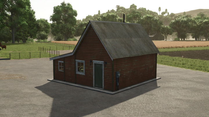 fs25-mods, Small wooden farmhouse mod in FS25 with corrugated roof, surrounded by fields and trees.