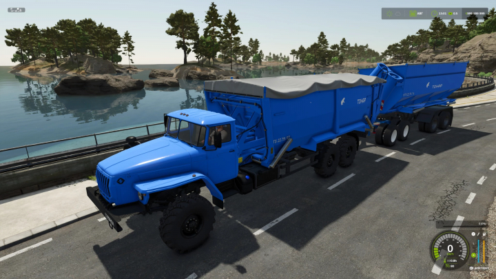 fs25-mods,  Blue TOHAP truck pack mod in Farming Simulator 25, parked on a road next to a scenic lake.