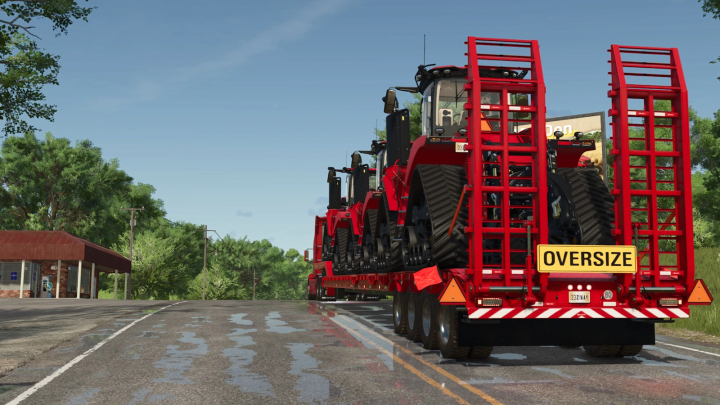 fs25-mods, FS25 mod showing a red transport trailer carrying tractors, featuring the Transport Trailer 19m And 25m mod for Farming Simulator 25.