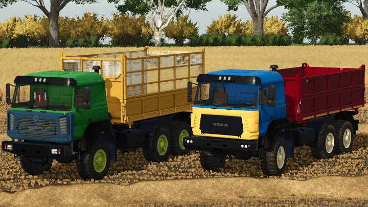 fs25-mods,  FS25 mods: Ural 6370K v1.0.0.0, green and blue trucks with trailers in a field.