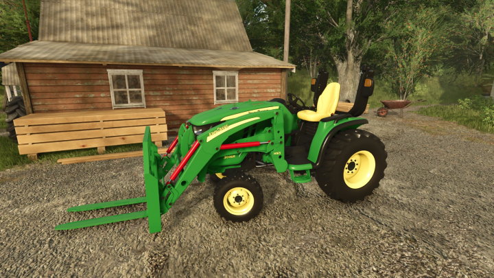 fs25-mods,  Utility Tractor Pack v1.0.0.1 in FS25 showcasing a green tractor with front loader attachment near a small wooden house.