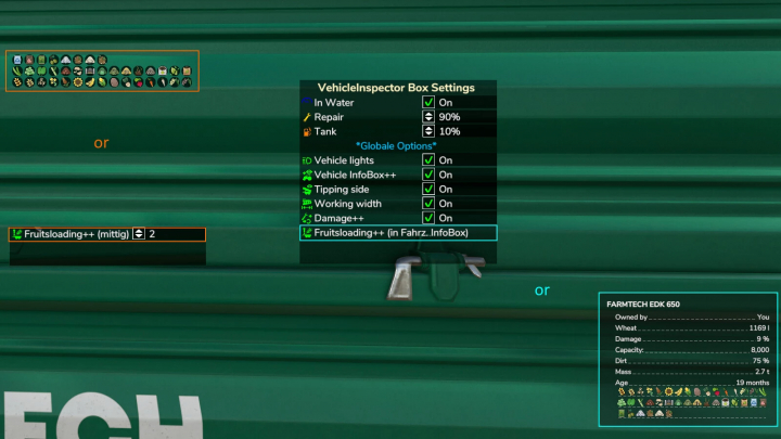 fs25-mods, Farming Simulator 25 VehicleInspector mod settings display showing various options like vehicle lights and fruit loading.