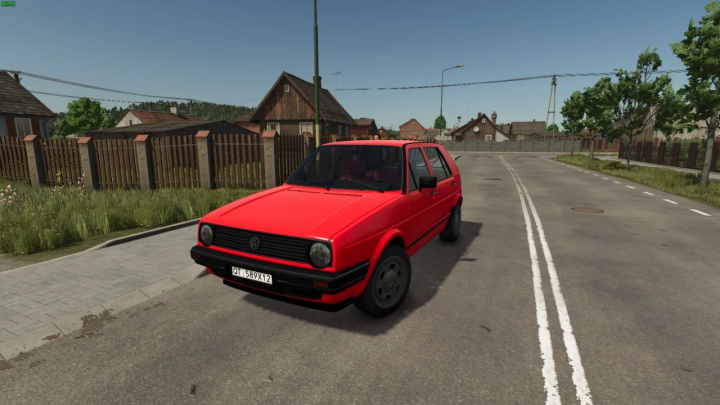 fs25-mods,  Volkswagen Golf GL mod for FS25 parked on a street in a rural setting, showcasing its red exterior.