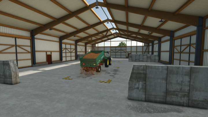 fs25-mods,  Interior of FS25 mod Warehouse v1.0.0.0 with tractor unloading materials.