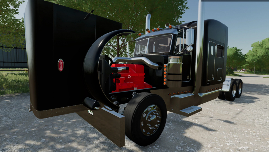 2004-2006 Peterbilt 379x mod in FS25 with open hood showing engine