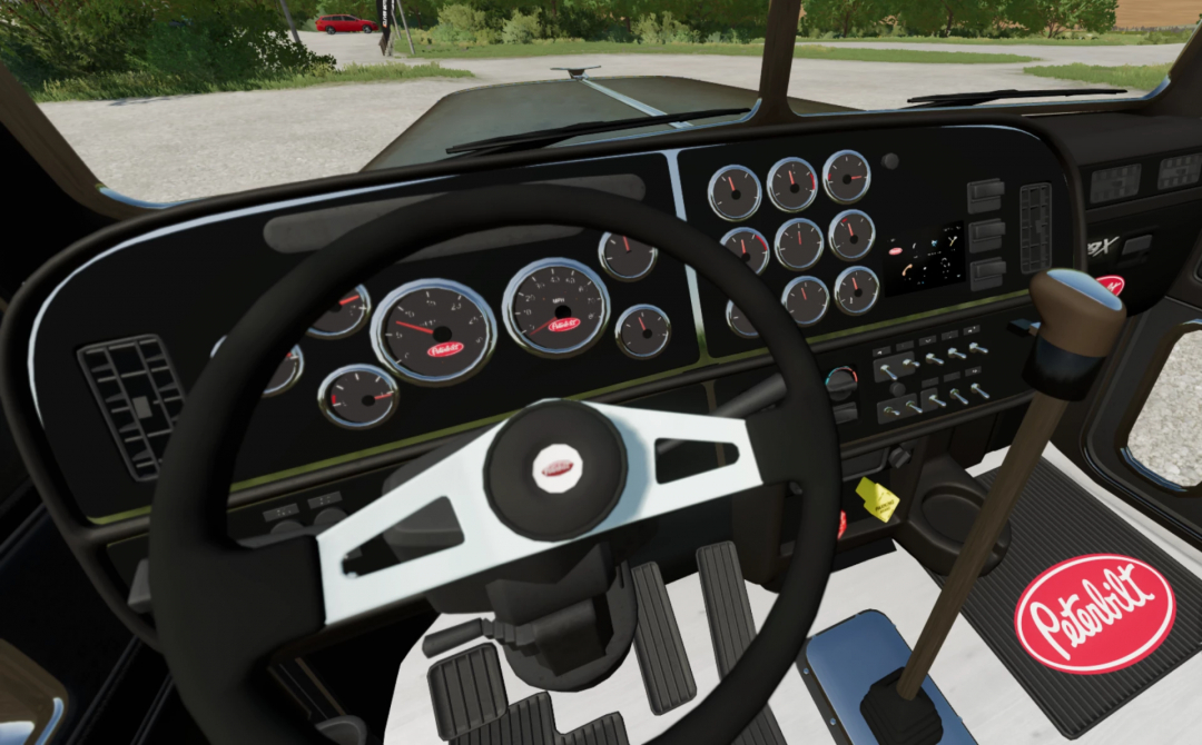 Interior view of a 2004-2006 Peterbilt 379x truck in FS25 mod, featuring a detailed dashboard and steering wheel.