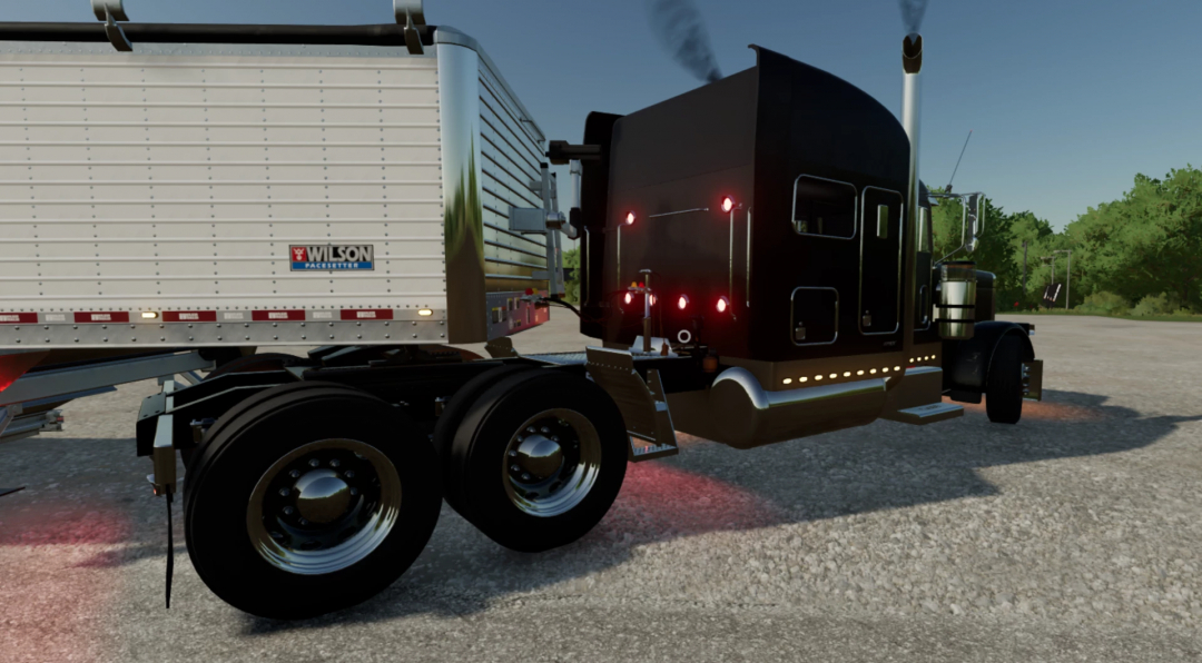 FS25 mods: 2004-2006 Peterbilt 379x truck attached to a Wilson Pacesetter trailer in Farming Simulator 25.